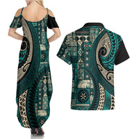 Vintage Samoa Siapo Mamanu Couples Matching Summer Maxi Dress and Hawaiian Shirt Teal Samoan Tapa Motif LT9 - Polynesian Pride