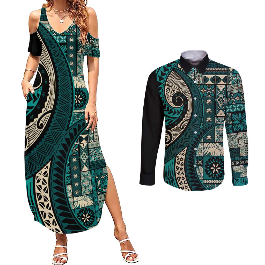 Vintage Samoa Siapo Mamanu Couples Matching Summer Maxi Dress and Long Sleeve Button Shirt Teal Samoan Tapa Motif - Polynesian Pride
