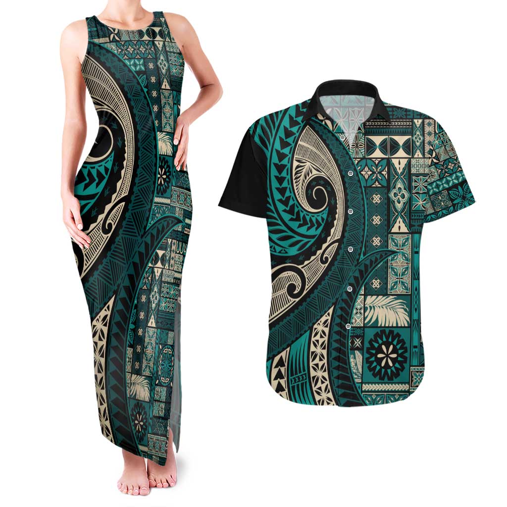 Vintage Samoa Siapo Mamanu Couples Matching Tank Maxi Dress and Hawaiian Shirt Teal Samoan Tapa Motif LT9 Teal - Polynesian Pride