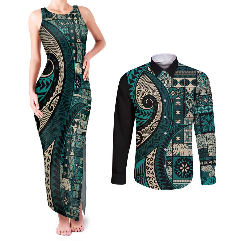 Vintage Samoa Siapo Mamanu Couples Matching Tank Maxi Dress and Long Sleeve Button Shirt Teal Samoan Tapa Motif LT9 Teal - Polynesian Pride