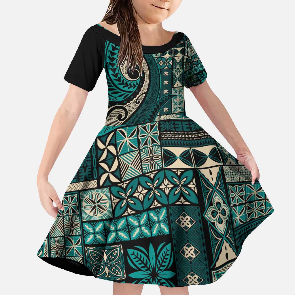 Vintage Samoa Siapo Mamanu Family Matching Long Sleeve Bodycon Dress and Hawaiian Shirt Teal Samoan Tapa Motif LT9 Daughter's Dress Teal - Polynesian Pride