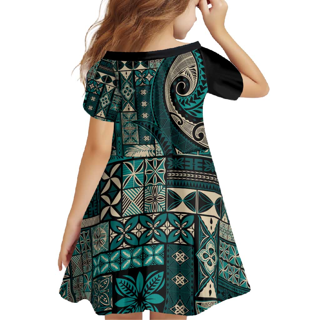 Vintage Samoa Siapo Mamanu Family Matching Long Sleeve Bodycon Dress and Hawaiian Shirt Teal Samoan Tapa Motif LT9 - Polynesian Pride