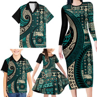 Vintage Samoa Siapo Mamanu Family Matching Long Sleeve Bodycon Dress and Hawaiian Shirt Teal Samoan Tapa Motif LT9 - Polynesian Pride