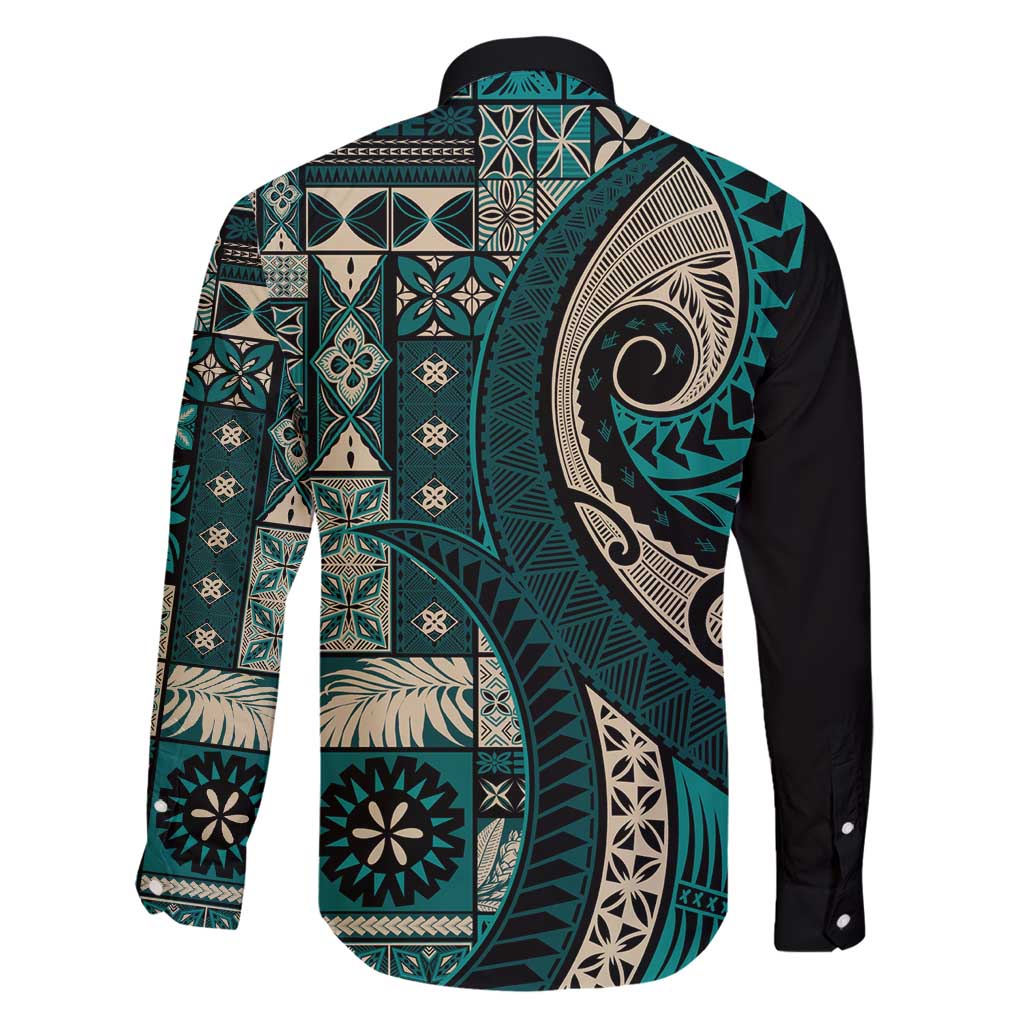 Vintage Samoa Siapo Mamanu Family Matching Long Sleeve Bodycon Dress and Hawaiian Shirt Teal Samoan Tapa Motif LT9 - Polynesian Pride