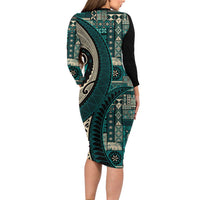 Vintage Samoa Siapo Mamanu Family Matching Long Sleeve Bodycon Dress and Hawaiian Shirt Teal Samoan Tapa Motif LT9 - Polynesian Pride