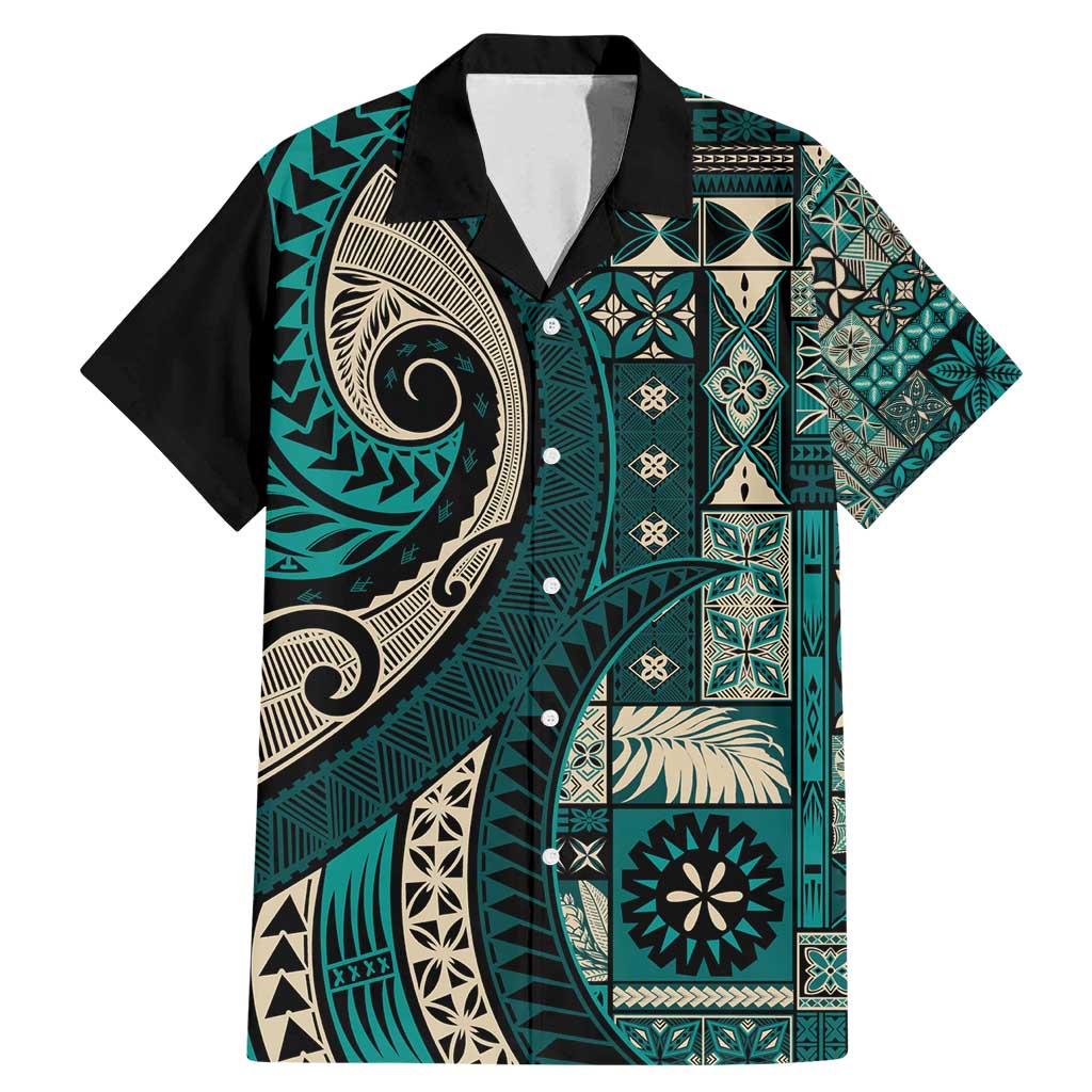 Vintage Samoa Siapo Mamanu Family Matching Mermaid Dress and Hawaiian Shirt Teal Samoan Tapa Motif LT9 Dad's Shirt - Short Sleeve Teal - Polynesian Pride