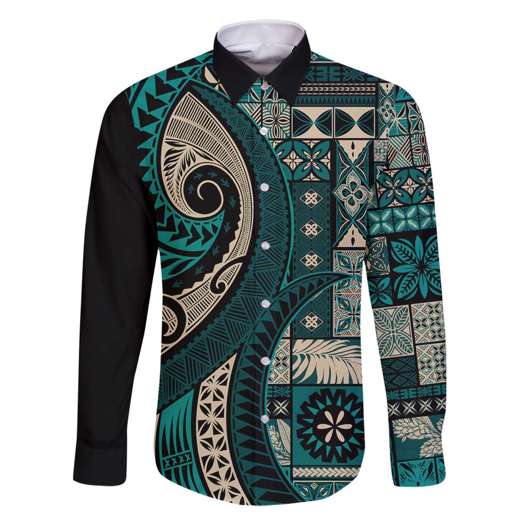 Vintage Samoa Siapo Mamanu Family Matching Mermaid Dress and Hawaiian Shirt Teal Samoan Tapa Motif LT9 Dad's Shirt - Long Sleeve Teal - Polynesian Pride