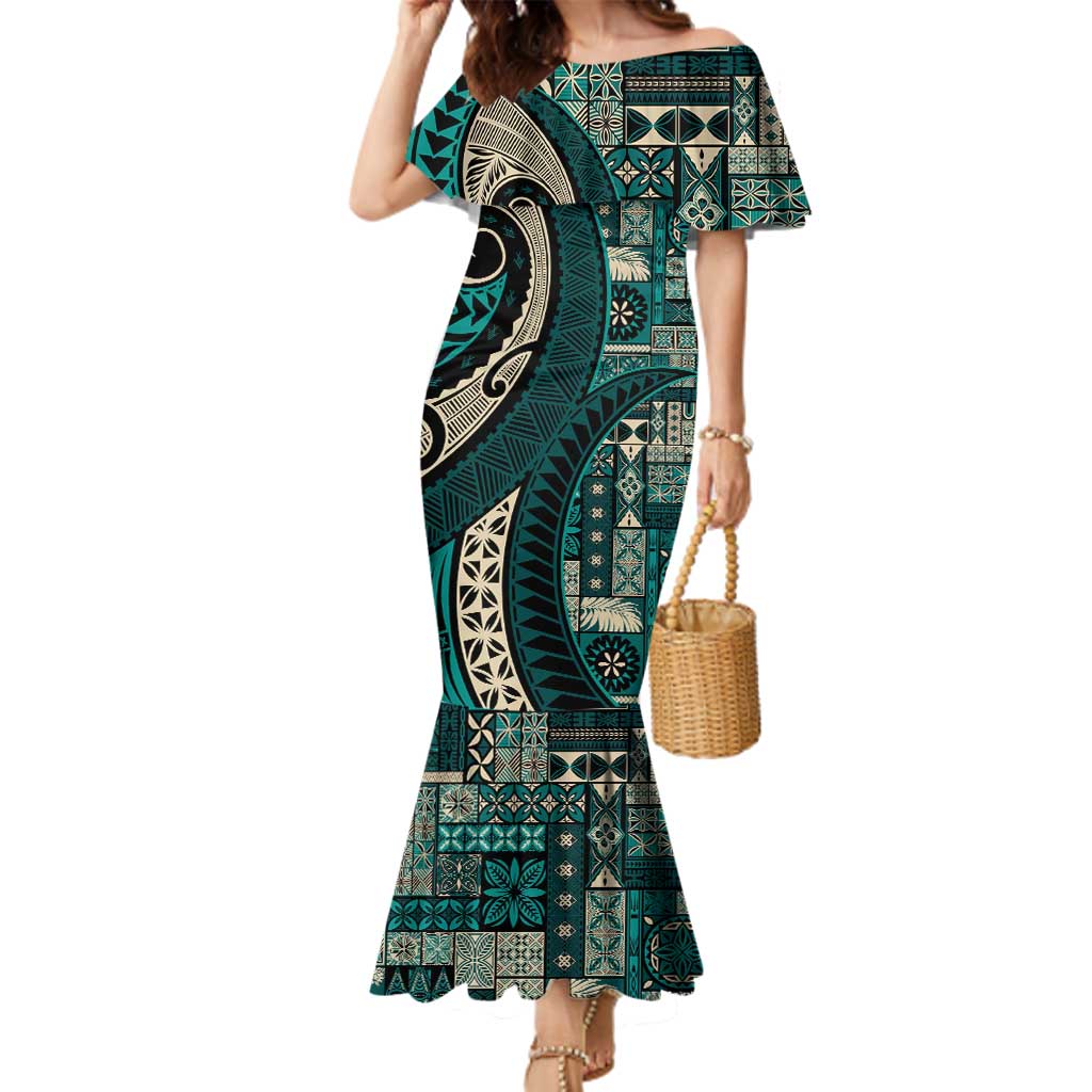 Vintage Samoa Siapo Mamanu Family Matching Mermaid Dress and Hawaiian Shirt Teal Samoan Tapa Motif LT9 Mom's Dress Teal - Polynesian Pride