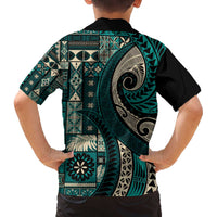 Vintage Samoa Siapo Mamanu Family Matching Off The Shoulder Long Sleeve Dress and Hawaiian Shirt Teal Samoan Tapa Motif LT9 - Polynesian Pride