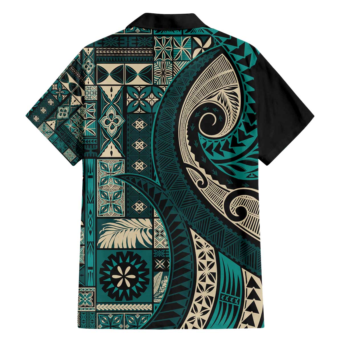 Vintage Samoa Siapo Mamanu Family Matching Off The Shoulder Long Sleeve Dress and Hawaiian Shirt Teal Samoan Tapa Motif LT9 - Polynesian Pride