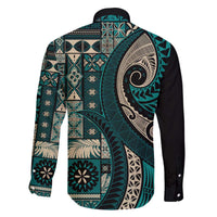 Vintage Samoa Siapo Mamanu Family Matching Off The Shoulder Long Sleeve Dress and Hawaiian Shirt Teal Samoan Tapa Motif LT9 - Polynesian Pride