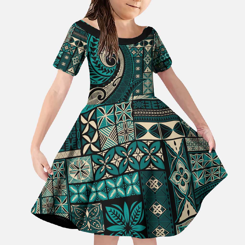 Vintage Samoa Siapo Mamanu Family Matching Off Shoulder Maxi Dress and Hawaiian Shirt Teal Samoan Tapa Motif LT9 Daughter's Dress Teal - Polynesian Pride