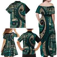 Vintage Samoa Siapo Mamanu Family Matching Off Shoulder Maxi Dress and Hawaiian Shirt Teal Samoan Tapa Motif LT9 - Polynesian Pride