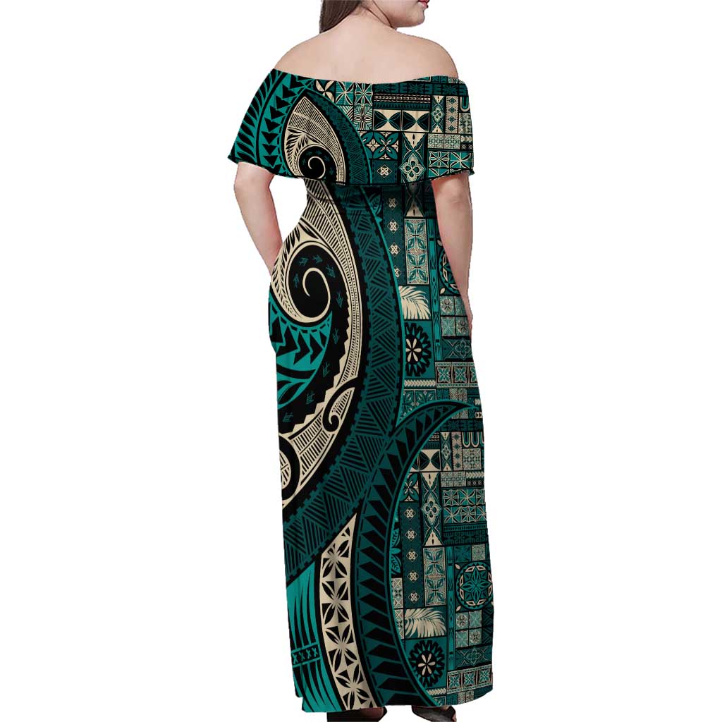 Vintage Samoa Siapo Mamanu Family Matching Off Shoulder Maxi Dress and Hawaiian Shirt Teal Samoan Tapa Motif LT9 - Polynesian Pride