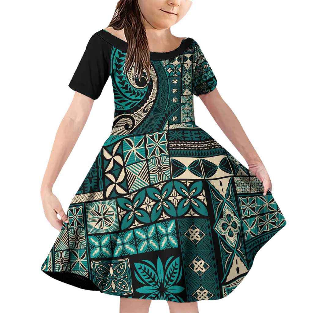 Vintage Samoa Siapo Mamanu Family Matching Off Shoulder Short Dress and Hawaiian Shirt Teal Samoan Tapa Motif LT9 Daughter's Dress Teal - Polynesian Pride