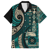 Vintage Samoa Siapo Mamanu Family Matching Off Shoulder Short Dress and Hawaiian Shirt Teal Samoan Tapa Motif LT9 Dad's Shirt - Short Sleeve Teal - Polynesian Pride