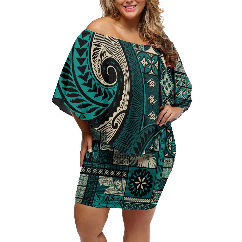 Vintage Samoa Siapo Mamanu Family Matching Off Shoulder Short Dress and Hawaiian Shirt Teal Samoan Tapa Motif LT9 Mom's Dress Teal - Polynesian Pride