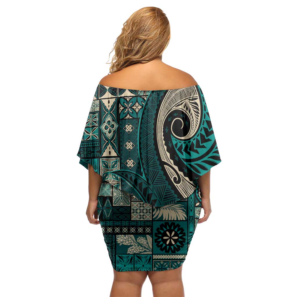 Vintage Samoa Siapo Mamanu Family Matching Off Shoulder Short Dress and Hawaiian Shirt Teal Samoan Tapa Motif LT9 - Polynesian Pride