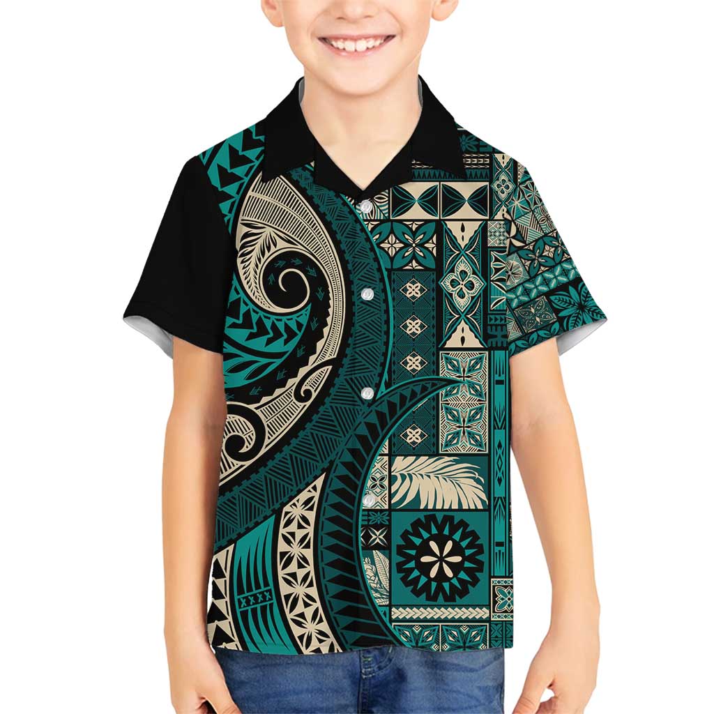 Vintage Samoa Siapo Mamanu Family Matching Off Shoulder Short Dress and Hawaiian Shirt Teal Samoan Tapa Motif LT9 Son's Shirt Teal - Polynesian Pride