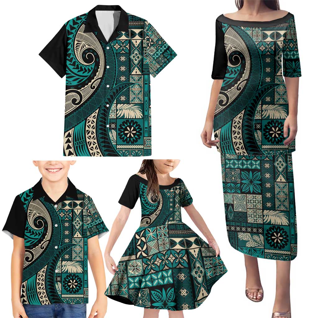 Vintage Samoa Siapo Mamanu Family Matching Puletasi and Hawaiian Shirt Teal Samoan Tapa Motif LT9 - Polynesian Pride