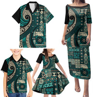 Vintage Samoa Siapo Mamanu Family Matching Puletasi and Hawaiian Shirt Teal Samoan Tapa Motif LT9 - Polynesian Pride