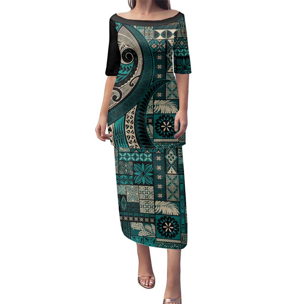 Vintage Samoa Siapo Mamanu Family Matching Puletasi and Hawaiian Shirt Teal Samoan Tapa Motif LT9 Mom's Dress Teal - Polynesian Pride