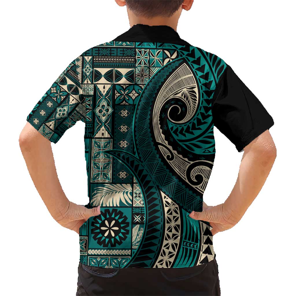 Vintage Samoa Siapo Mamanu Family Matching Short Sleeve Bodycon Dress and Hawaiian Shirt Teal Samoan Tapa Motif LT9 - Polynesian Pride
