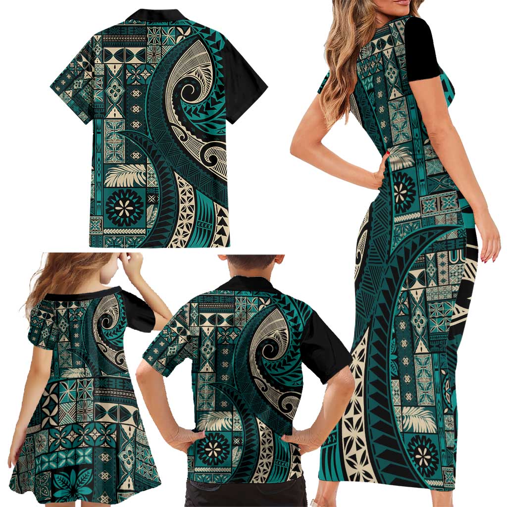 Vintage Samoa Siapo Mamanu Family Matching Short Sleeve Bodycon Dress and Hawaiian Shirt Teal Samoan Tapa Motif LT9 - Polynesian Pride