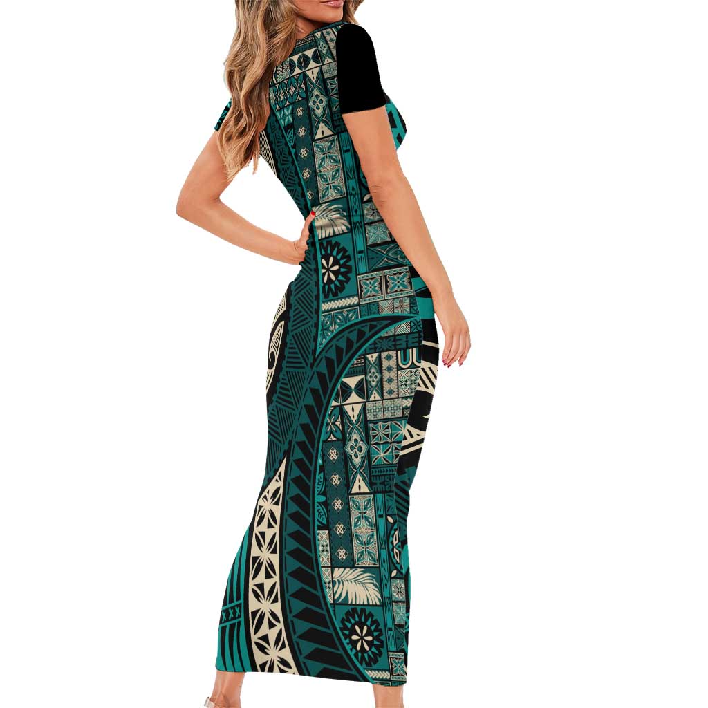 Vintage Samoa Siapo Mamanu Family Matching Short Sleeve Bodycon Dress and Hawaiian Shirt Teal Samoan Tapa Motif LT9 - Polynesian Pride