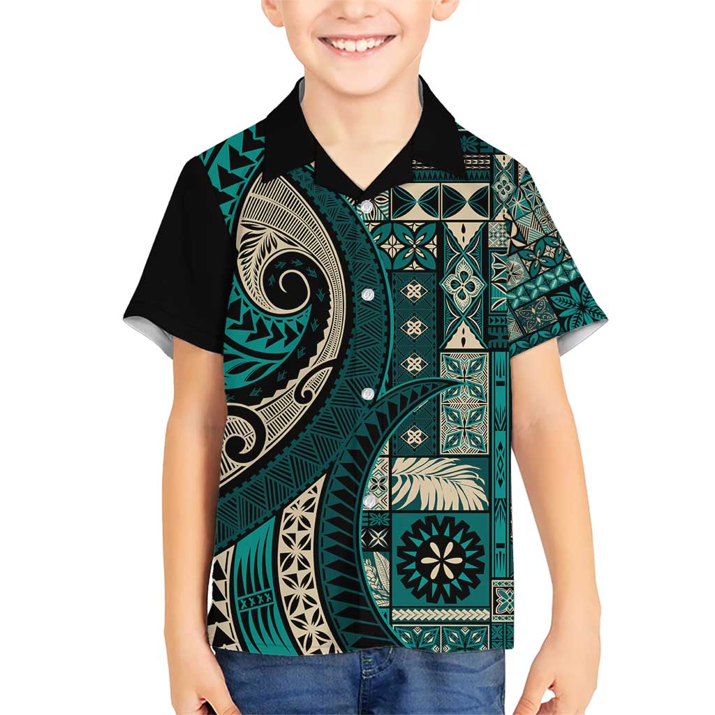 Vintage Samoa Siapo Mamanu Family Matching Short Sleeve Bodycon Dress and Hawaiian Shirt Teal Samoan Tapa Motif LT9 Son's Shirt Teal - Polynesian Pride