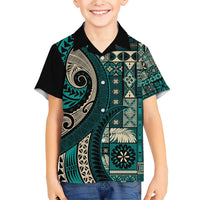 Vintage Samoa Siapo Mamanu Family Matching Short Sleeve Bodycon Dress and Hawaiian Shirt Teal Samoan Tapa Motif LT9 Son's Shirt Teal - Polynesian Pride