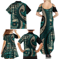 Vintage Samoa Siapo Mamanu Family Matching Summer Maxi Dress and Hawaiian Shirt Teal Samoan Tapa Motif LT9 - Polynesian Pride