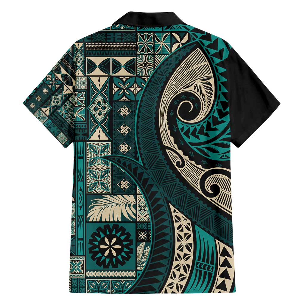 Vintage Samoa Siapo Mamanu Family Matching Summer Maxi Dress and Hawaiian Shirt Teal Samoan Tapa Motif LT9 - Polynesian Pride