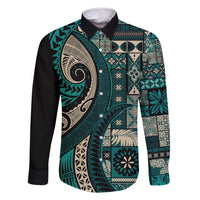 Vintage Samoa Siapo Mamanu Family Matching Summer Maxi Dress and Hawaiian Shirt Teal Samoan Tapa Motif LT9 Dad's Shirt - Long Sleeve Teal - Polynesian Pride