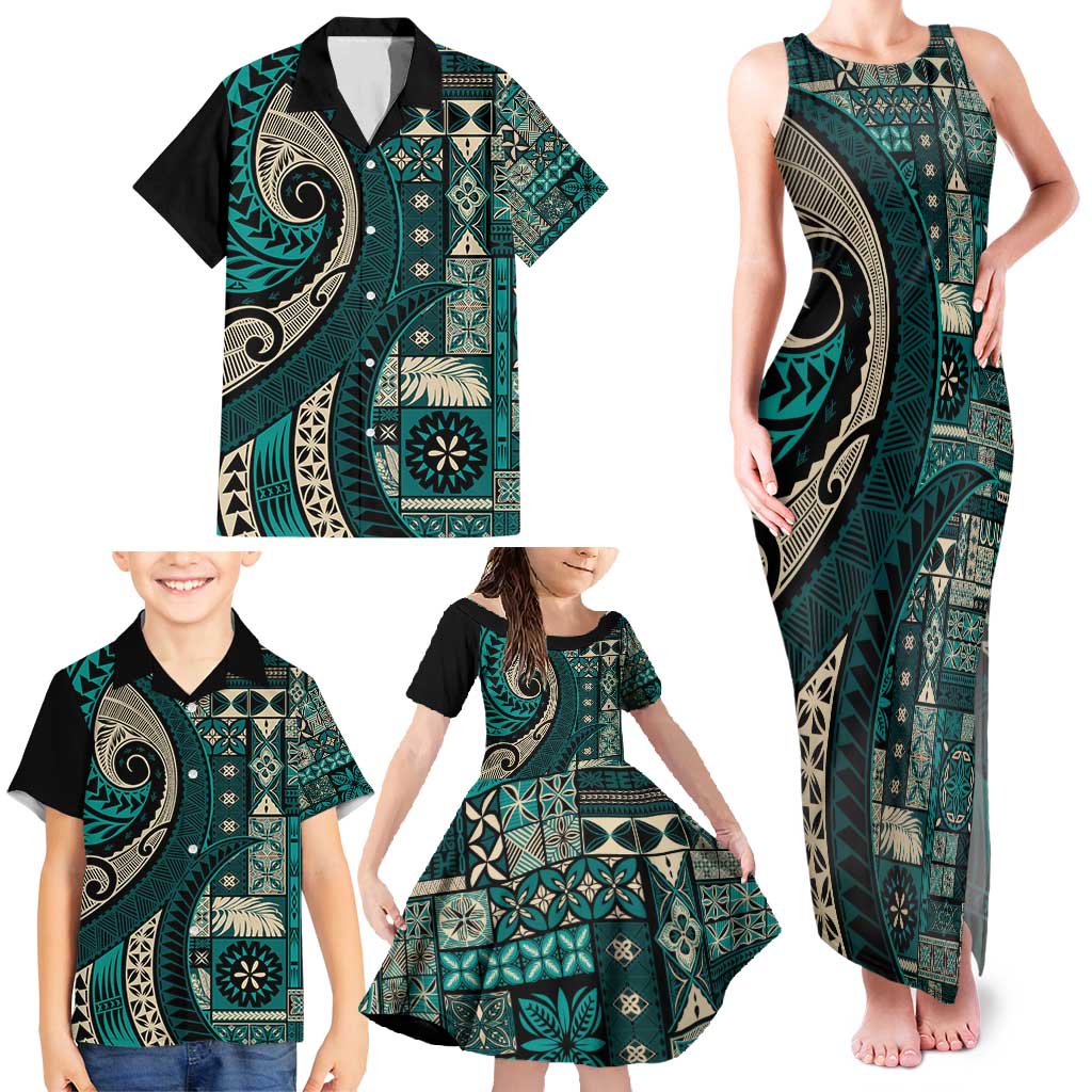 Vintage Samoa Siapo Mamanu Family Matching Tank Maxi Dress and Hawaiian Shirt Teal Samoan Tapa Motif LT9 - Polynesian Pride