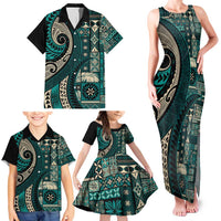 Vintage Samoa Siapo Mamanu Family Matching Tank Maxi Dress and Hawaiian Shirt Teal Samoan Tapa Motif LT9 - Polynesian Pride