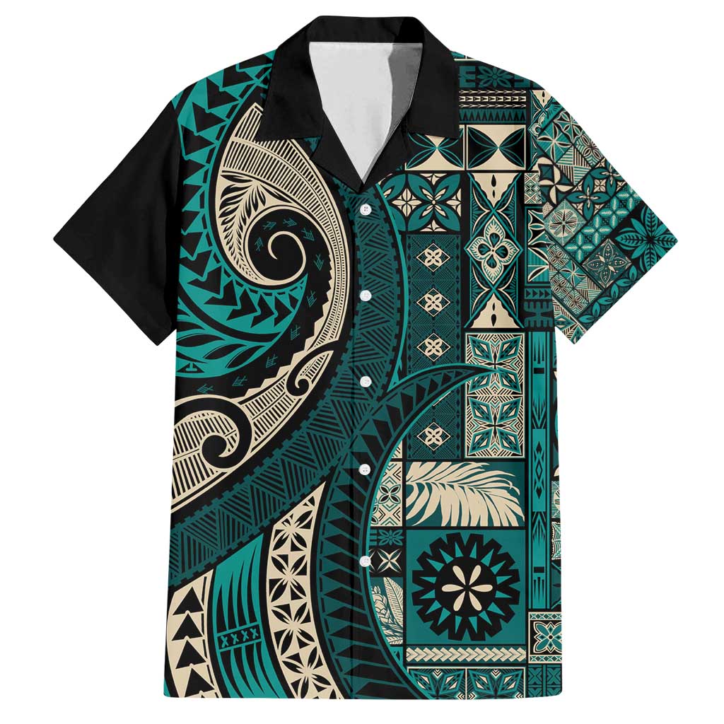 Vintage Samoa Siapo Mamanu Family Matching Tank Maxi Dress and Hawaiian Shirt Teal Samoan Tapa Motif LT9 Dad's Shirt - Short Sleeve Teal - Polynesian Pride