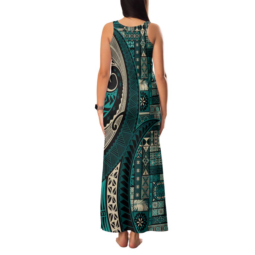 Vintage Samoa Siapo Mamanu Family Matching Tank Maxi Dress and Hawaiian Shirt Teal Samoan Tapa Motif LT9 - Polynesian Pride