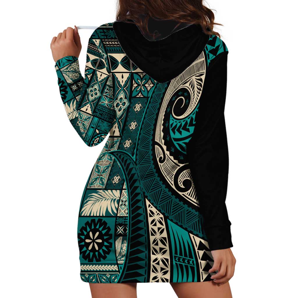 Vintage Samoa Siapo Mamanu Hoodie Dress Teal Samoan Tapa Motif LT9 - Polynesian Pride