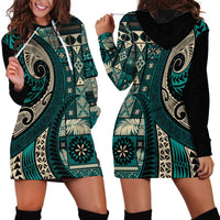 Vintage Samoa Siapo Mamanu Hoodie Dress Teal Samoan Tapa Motif LT9 - Polynesian Pride