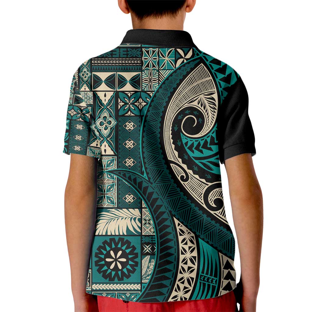Vintage Samoa Siapo Mamanu Kid Polo Shirt Teal Samoan Tapa Motif - Polynesian Pride