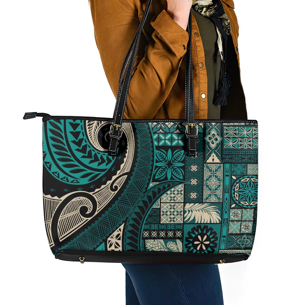 Vintage Samoa Siapo Mamanu Leather Tote Bag Teal Samoan Tapa Motif - Polynesian Pride