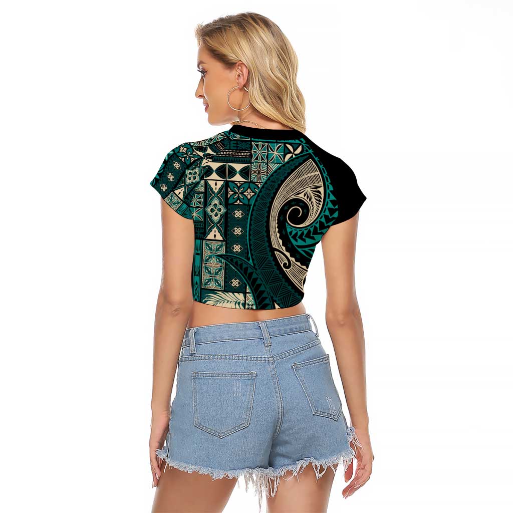 Vintage Samoa Siapo Mamanu Raglan Cropped T Shirt Teal Samoan Tapa Motif - Polynesian Pride