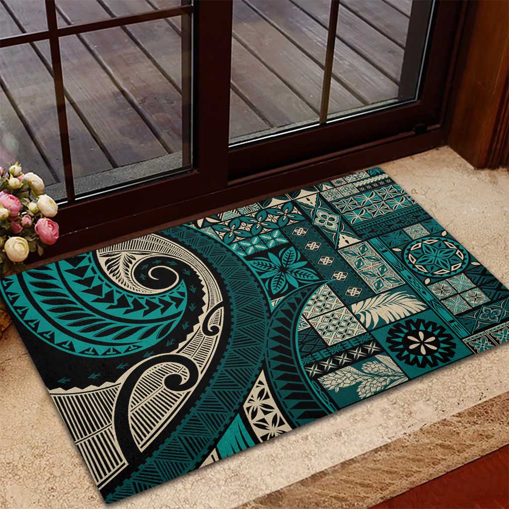 Vintage Samoa Siapo Mamanu Rubber Doormat Teal Samoan Tapa Motif LT9 - Polynesian Pride