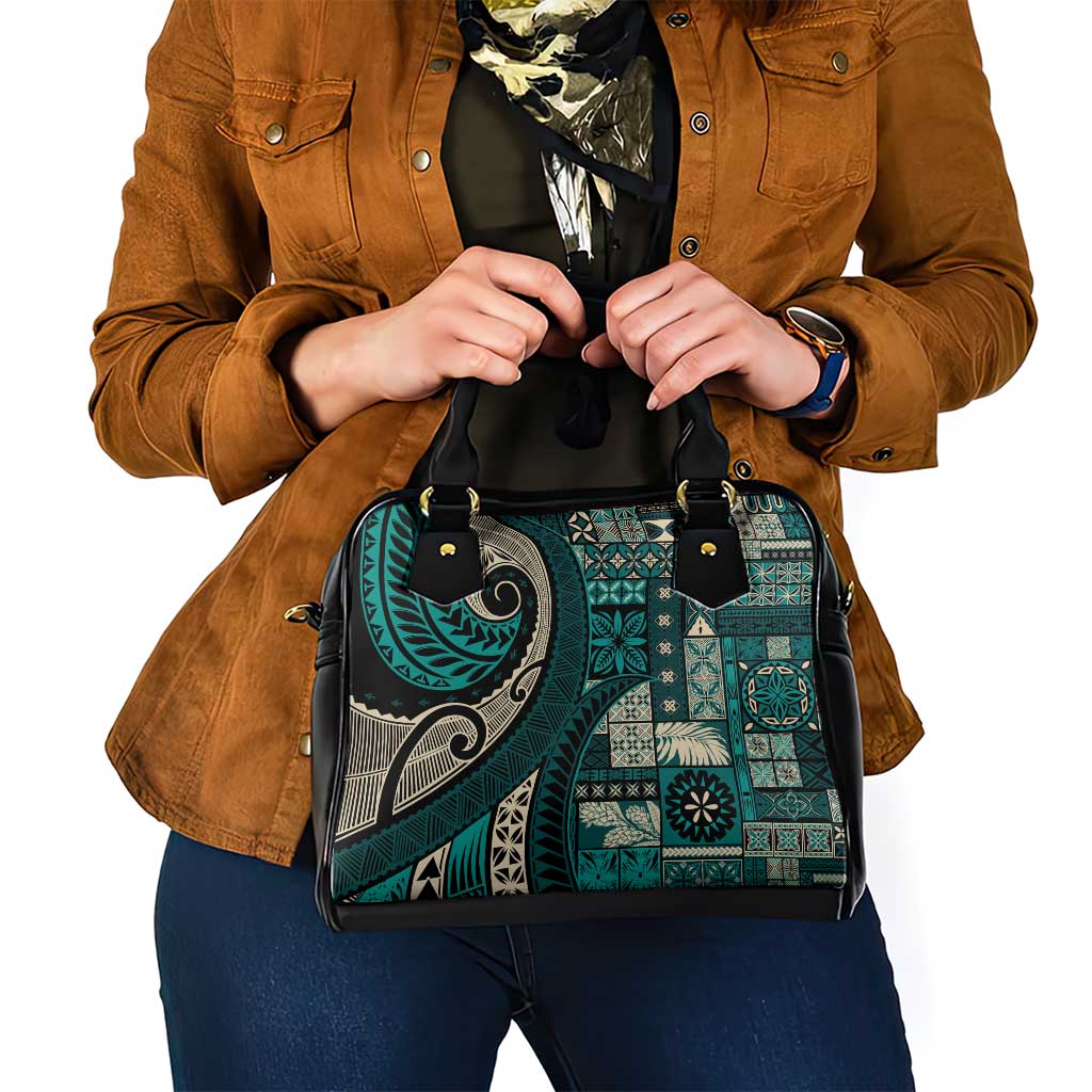 Vintage Samoa Siapo Mamanu Shoulder Handbag Teal Samoan Tapa Motif - Polynesian Pride