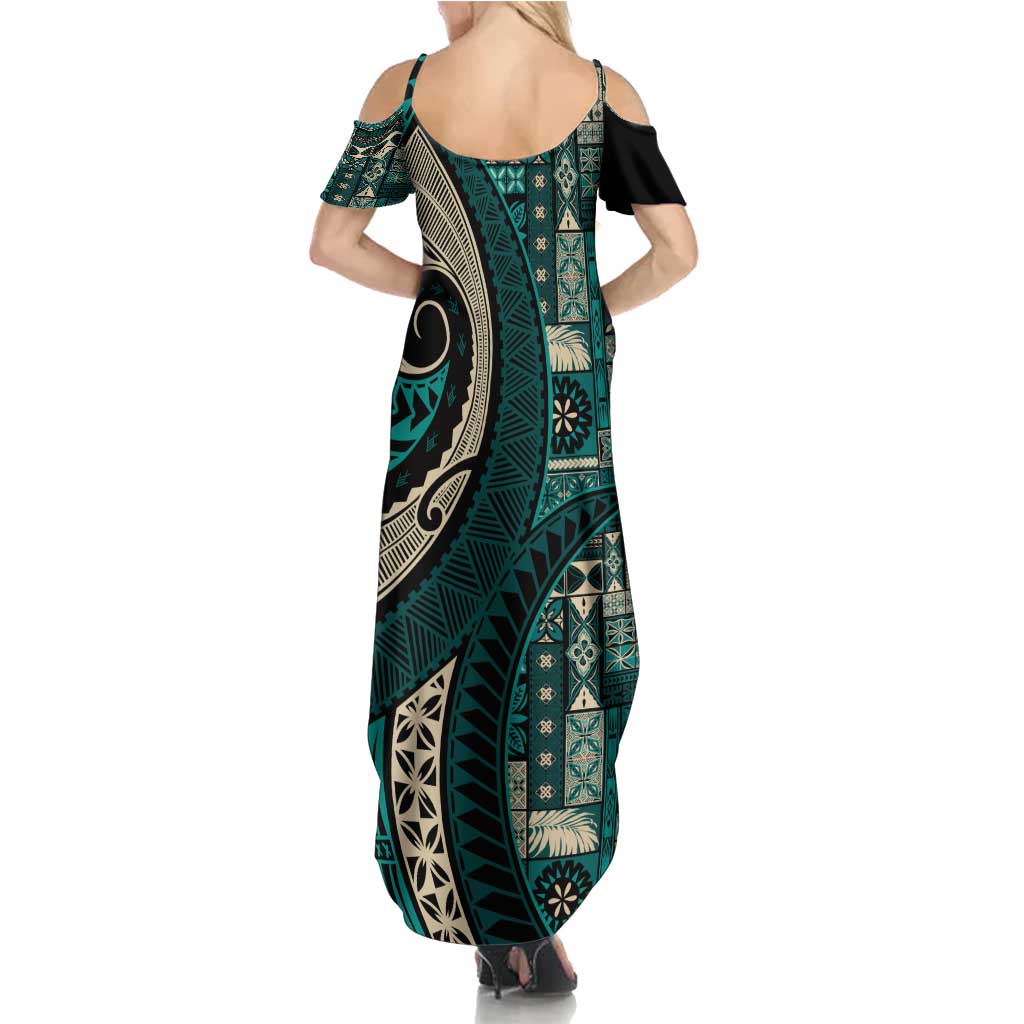 Vintage Samoa Siapo Mamanu Summer Maxi Dress Teal Samoan Tapa Motif - Polynesian Pride