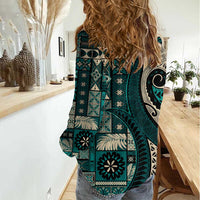 Vintage Samoa Siapo Mamanu Women Casual Shirt Teal Samoan Tapa Motif LT9 - Polynesian Pride