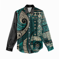 Vintage Samoa Siapo Mamanu Women Casual Shirt Teal Samoan Tapa Motif LT9 - Polynesian Pride