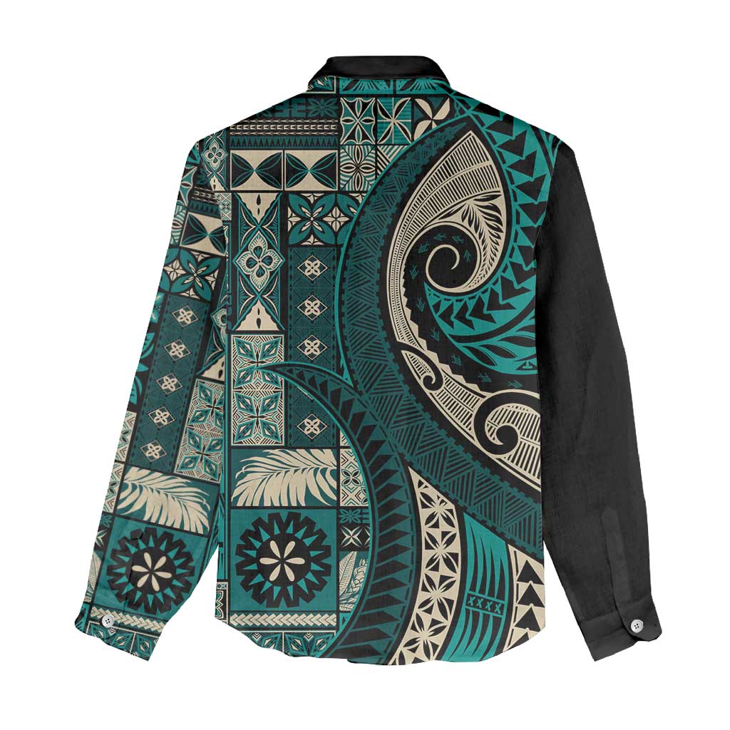 Vintage Samoa Siapo Mamanu Women Casual Shirt Teal Samoan Tapa Motif LT9 - Polynesian Pride