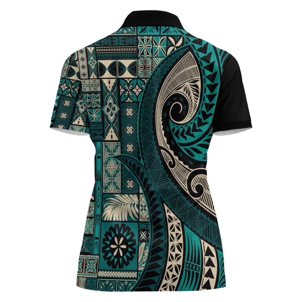 Vintage Samoa Siapo Mamanu Women Polo Shirt Teal Samoan Tapa Motif - Polynesian Pride